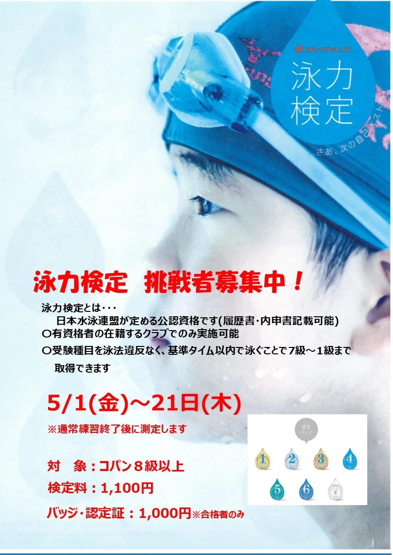 会員限定 泳力検定 挑戦者募集!